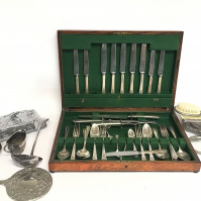A Collection of silver plate including a canteen of Community Sheffield cutlery, mirrors and other items. This lot cannot be posted- NO RESERVE