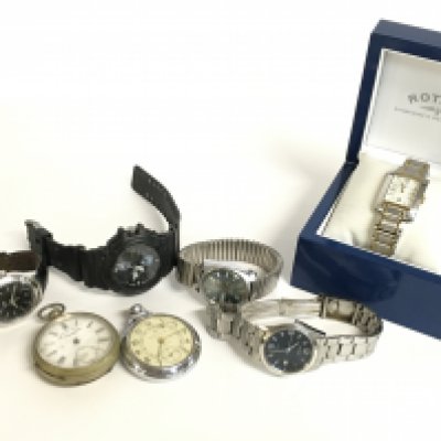 A collection of vintage mens watches including a cased Rotary, Accurist, Casio, Swatch, Ingersoll pocket watch etc. This lot cannot be posted