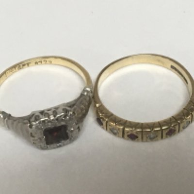 An 18carat gold and platinum ring set with a ruby weight 3g and a 9carat gold ring set with alternating chip diamonds and ruby weight 2g (2)