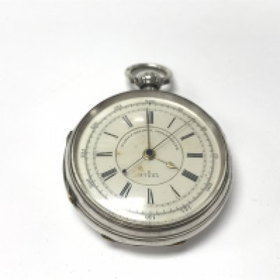 A silver Marine Chronograph pocket watch. Approx 53mm case diameter. Not seen running. Postage B