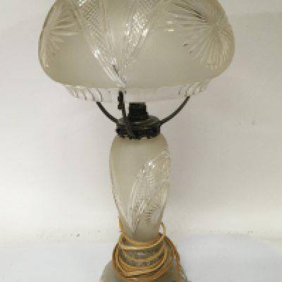 A Quality cut glass table lamp with a dome shape shade with hob-star pattern and shaped edge. No obvious damage height 55cm