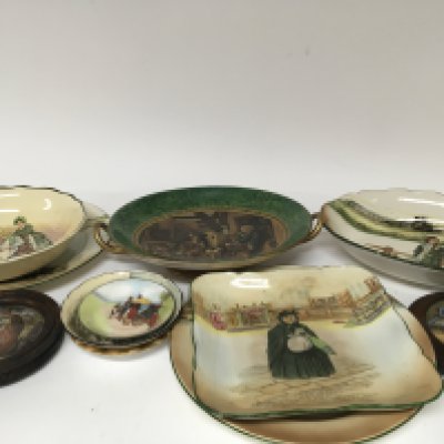 Two Victorian pot lids a conforming dish and a collection of Doulton series ware plates a d bowls. Victorian dish restored. NO RESERVE