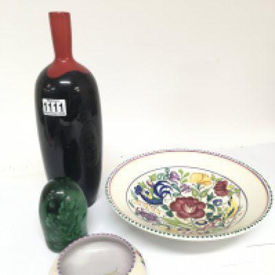 A large Poole Pottery dish hand painted by Susan Russell diameter 27cm no obvious damage a small Carter Stabler and Adam dish a Royal Doulton Flame Bottle vase no obvious damage and a Victorian end of day glass paperweight. (4)