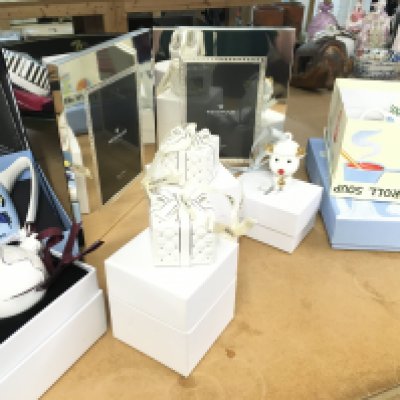 A collection of ceramics including Pandora porcelain christmas decorations, boxed Wedgwood photo frame, Bohemia Crystal glass vase, Queen Anne cups snd saucers. This lot cannot be posted