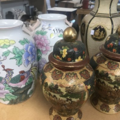A collection of ceramics comprising two pairs of vases satsuma and Doulton style and two other decorative vases .