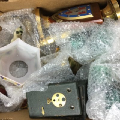 A collection of ceramics and other items including green glasses, brass oil lamp, German porcelain cat figure etc.this lot cannot be posted