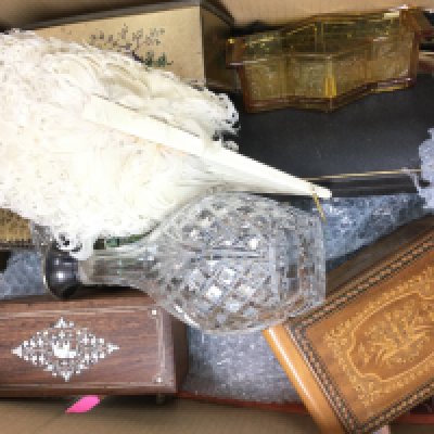 A collection of ceramics and other items Including a cut glass decanter with a silver hallmarked topper, silver plated ladle and cased spoons, various boxes, Parker pen etc