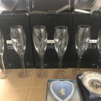 A collective lot including 6 John Rocha Crystal flutes royal crown derby items a wedgewood. Postage D