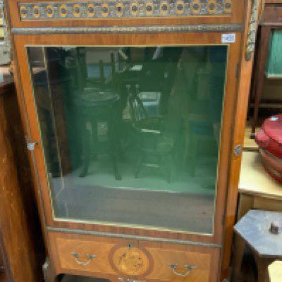 A large French marquetry display cabinet with gilt metal mounts, hidden top draw. 152.5cm x 87cm x 38cm.