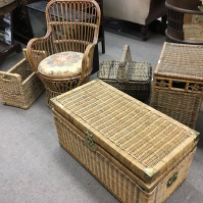 Modern wicker items including a chair and baskets