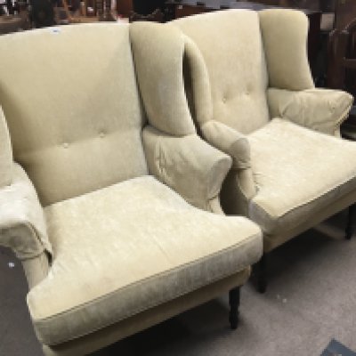 A pair of Early 19th century wing arm chairs with turned legs later upholsterd in a lemon Dryalon (2)