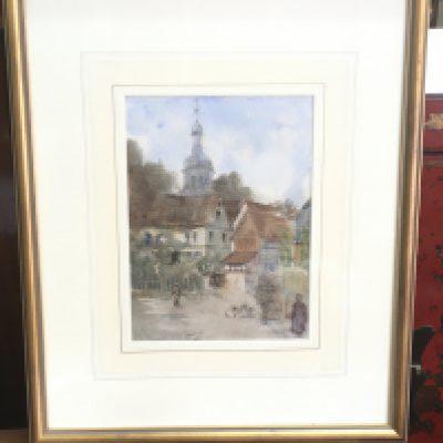 A framed watercolour painting by Henry Boddington (1849-1923) titled Village, frame dimensions 38x46cm. This lot cannot be posted