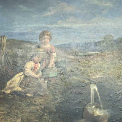 A Victorian gilt framed oil painting on panel entitled Get Well Little Bird two young children in a natural landscape with a bird. Signed lower right R Farrier Robert Farrier (1798-1878) 52x47cm