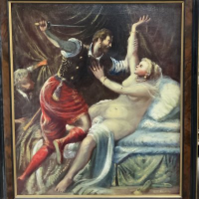 Tom Keating 1917-1984, triple painting of Tarquin and Lucretia, a demonstration of Titian painting in three stages. 76cm x 89cm