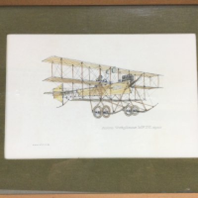 A framed and glazed watercolour, pen and ink drawing of an Avro Triplane MK IV, approx 70cm x 54cm. Shipping category D.