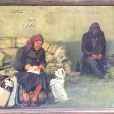 A Norman Coker oil on canvas of two seated figures and a dog within a derelict area, approx 73cm x 63cm. Shipping category C.