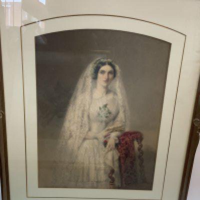 William Drummond, 1800-1850, watercolour on paper of a lady in a wedding dress. Later gilt frame. Information on reverse, a young bride from the Cobb family 1848, Newbridge house. 70cm x 56.5cm (D)