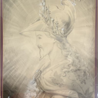 Joseph W. Vinall, 1873-1953, Pen, Pencil and gouache drawing of of a king, 77cm x 64cm. (D)