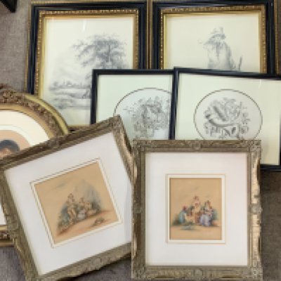 A collection of small antique framed watercolours and pencil drawings.