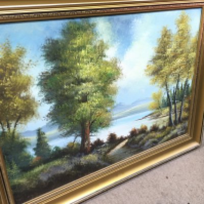 An oil on canvas painting of a nature view , dimensions 84x64cm