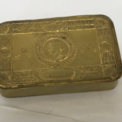 A I world war brass Christmas tin.