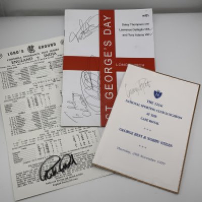 A small collection of football and cricket and Rugby autographs including George Best, Tony Adams, and others. (A)