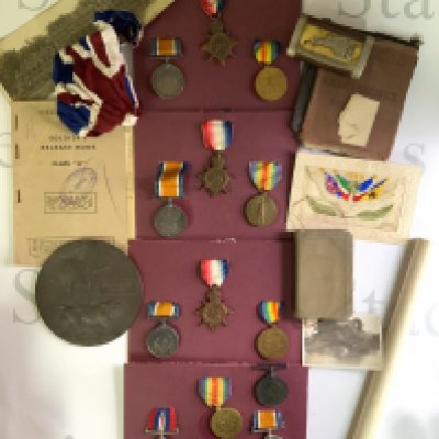 WW1 family medal group. 3 brothers medals and awards. 3 medal group awarded to 1028 DVR. B Whiting. R.A - 1914-15 Star variation text 102818, GNR. Whiting R.F.A. 3 Medal group K.27434 W.J Whiting ACT. L.Sto. R.N (acting Leading Stoker). 3 Medal group K.26104 A.S Whiting Sto. 2. R.N (Stoker no 2) Killed in action, completer with named death penny and memorial certificate. Also included within this lot. Extended family WW1/WW2 medals awarded to 8323 Pte A Galley, East Kent reg., numerous photos and regiments photos, postcards, keepsakes. (B)