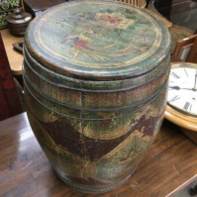 A vintage wooden painted barrel, 45cm tall.