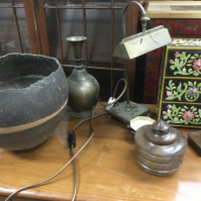 A collection of assorted items including a hand painted jewellery box, a lamp, bronze duck figure, wooden container etc