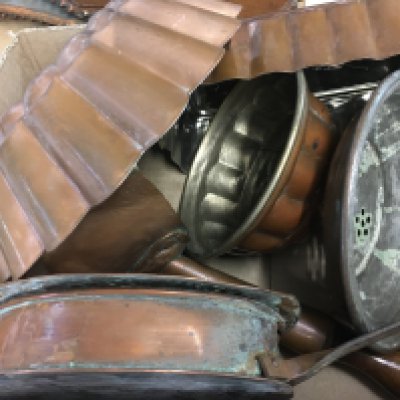 Victorian copper saucepan, chestnut roaster, jelly moulds