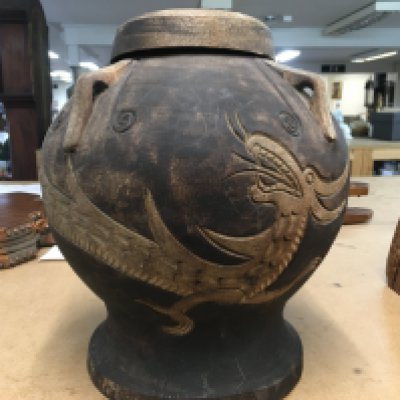 Wooden food vessel carved with A Chinese dragon