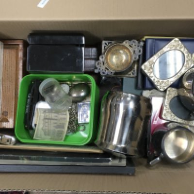 A collection of cufflinks, pin badges, flasks, various British coins and other various items. Postage category C