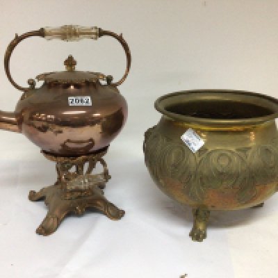 A Victorian copper kettle and stand a brass jardiniere and a quantity of other brass and copper oddments.