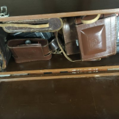 A box containing a collection of Vintage cameras most in leather vases British Ensign and others.