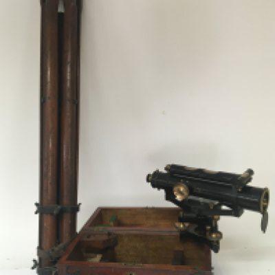 A boxed Theodolite with stand and fitted box maker B J Hall and Co London and two other vintage precision instruments.