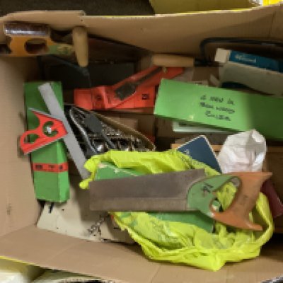 A collection of mixed carpentry tools including Marples chisels set squares. (D)