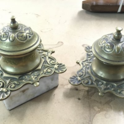 Two Victorian brass inkwells. Postage category B