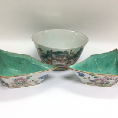 An Oriental bowl decorated with pagodas, approx diameter 16.5cm, together with a pair of shaped dishes with floral decoration (3). Shipping category D.