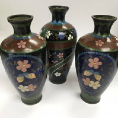 A pair of Cloisonne bud vases plus one other (3). Shipping category D.