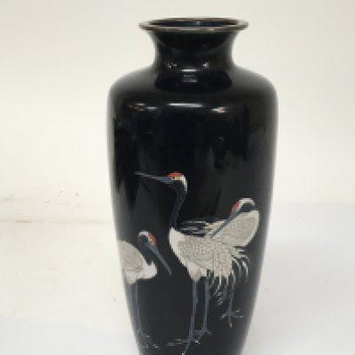 A pair of Quality Japanese cloisonne vases decorated with stalks on a deep blue ground. 18cm