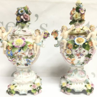 Withdrawn - A pair of Chelsea porcelain Potpourri vases , some damage . 21cm tall approximately. This lot cannot be posted