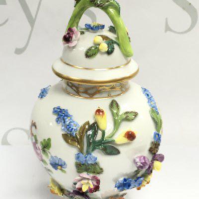 Withdrawn -A Dresden urn & cover, hand painted with a figural scene and floral decoration . 19cm tall. This lot cannot be posted. NO RESERVE