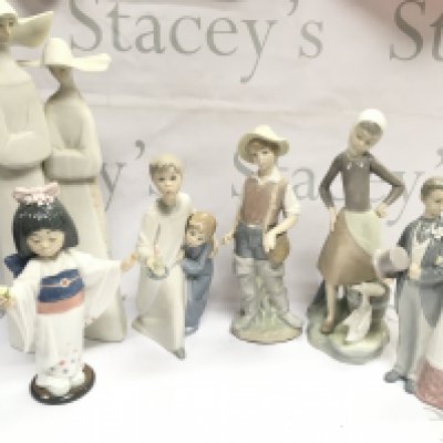 Lladro figures including Gone Fishing, Flower Glaze Japanese girl , Nuns, Bride and Groom etc. this lot cannot be posted