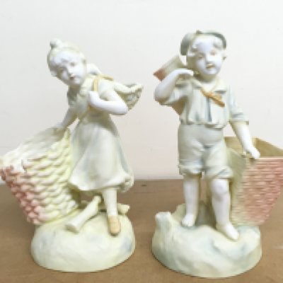German classical style porcelain figures, boy and girl with baskets. This lot cannot be posted. NO RESERVE