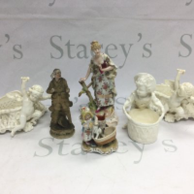 A pair of Copeland blanc de chine posies, a Victorian figural match holder and striker etc. Shipping category D. NO RESERVE