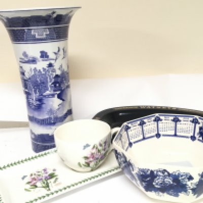 A collection of ceramics A Wedgwood blue and white calender bowl a Watneys Advertising dish large blue and white vase and large Portmeirion cup and dish no obvious damage.
