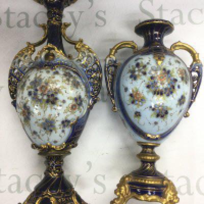 Two Rudolstadt vases decorated with blues and gilt with floral sprays, tallest approx 42cm. Shipping category D.NO RESERVE