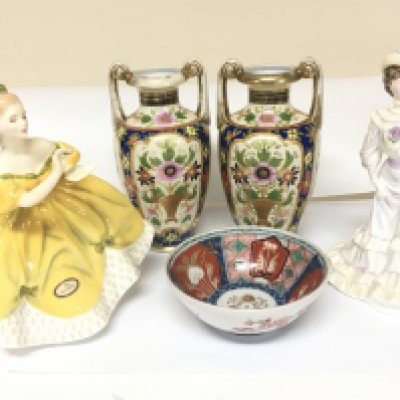 A pair of Noritaki porcelain vases a late 19th century Japanese Imari bowl a Doulton figure and a Coalport figure. NO RESERVE