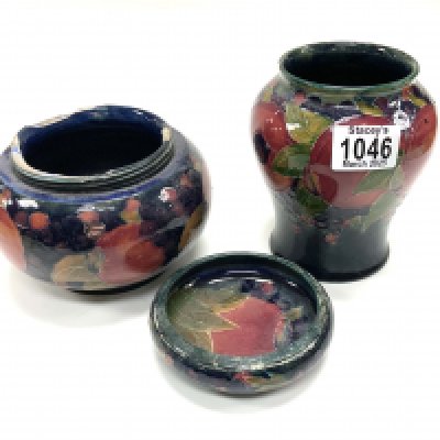 3 Moorcroft pomegranate pattern items, various conditions. (D)