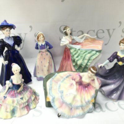 A collection of Royal Doulton porcelain figures including Pauline, Lisette, Jaqueline and a coalport Rebecca figure. No obvious damage or restoration This lot cannot be posted